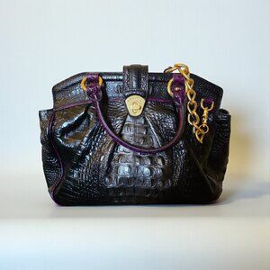 RARE Brahmin Adora Black & Purple Croc Embossed Leather Satchel Gold Chain